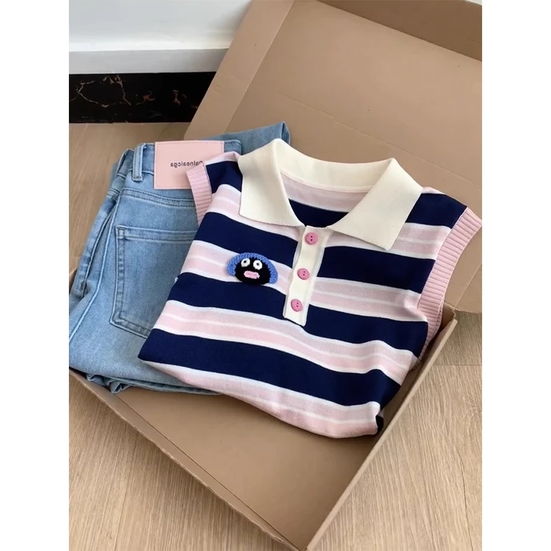 韩版提花条纹撞色翻领无袖针织衫背心女夏季新款洋气百搭减龄上衣