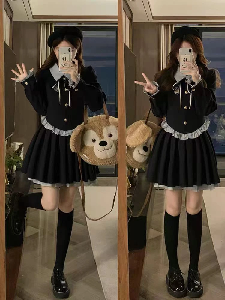 大码胖MM学院风假两件连衣裙女秋冬设计感打底小黑裙1955