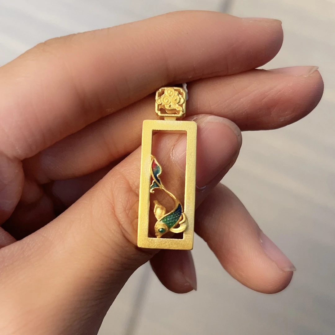 足金999真金古法金珐琅彩锦鲤吊坠