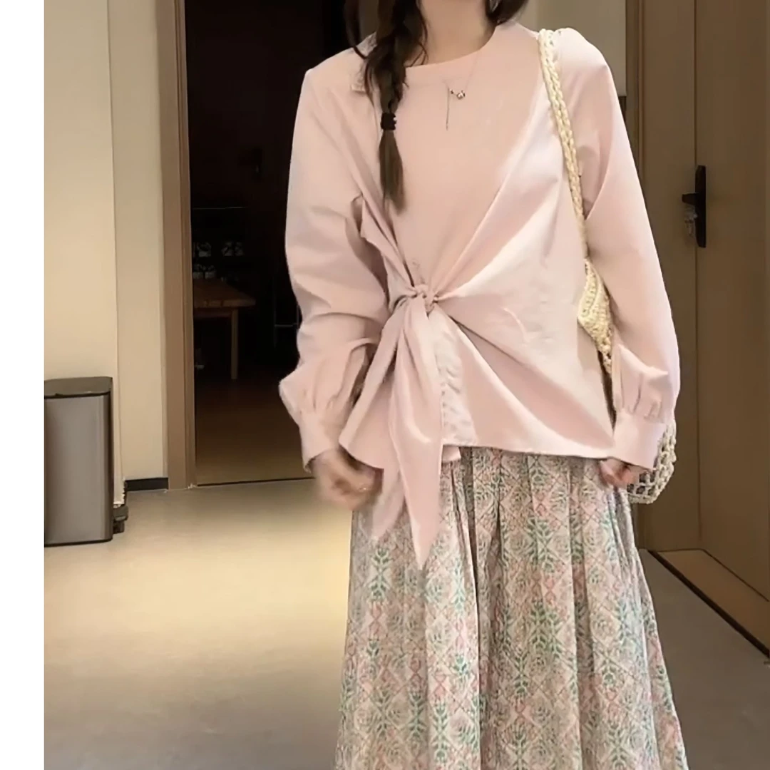 春夏新款不规则绑带衬衫女设计感宽松通勤圆领长袖衬衣LK2501525