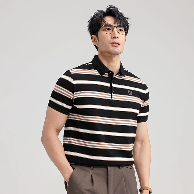 条纹短袖男夏季POLO衫无痕冰丝7A抗菌科技修身商务休闲透气棉t恤
