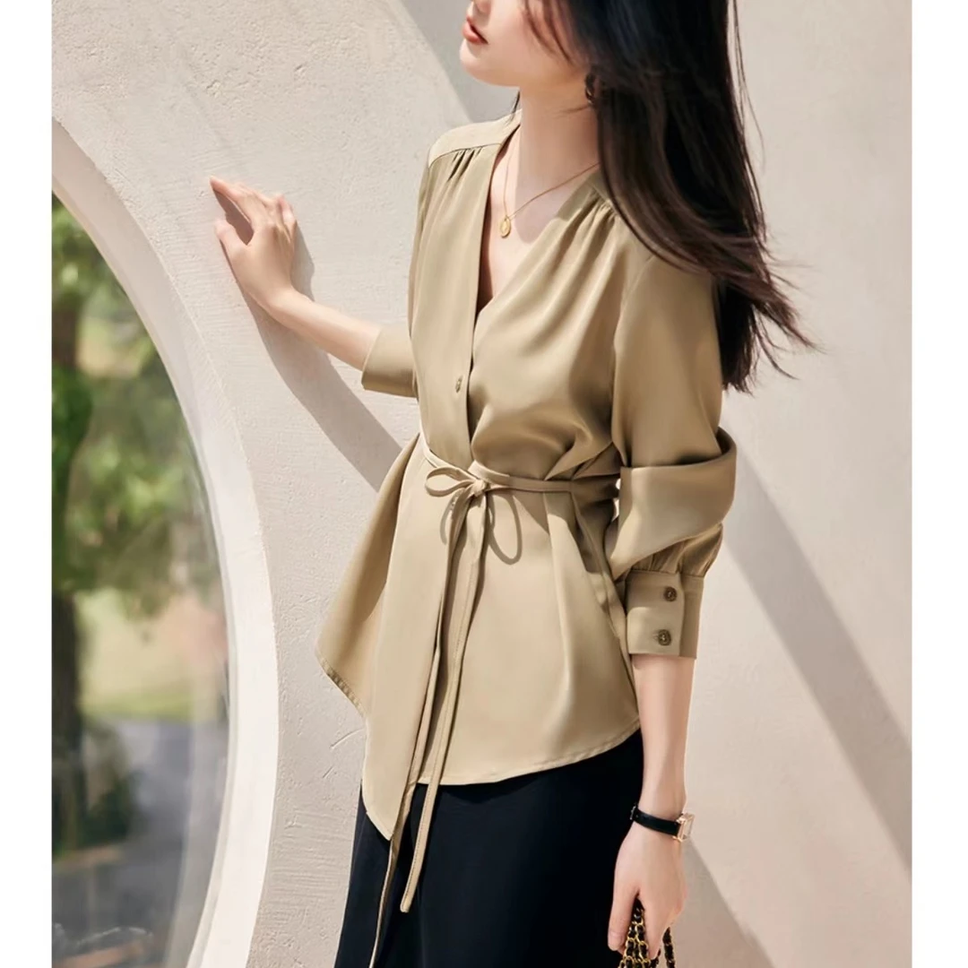 SS2064缎面通勤不对称衬衫女2025年秋季新款知性优雅不对称衬衣