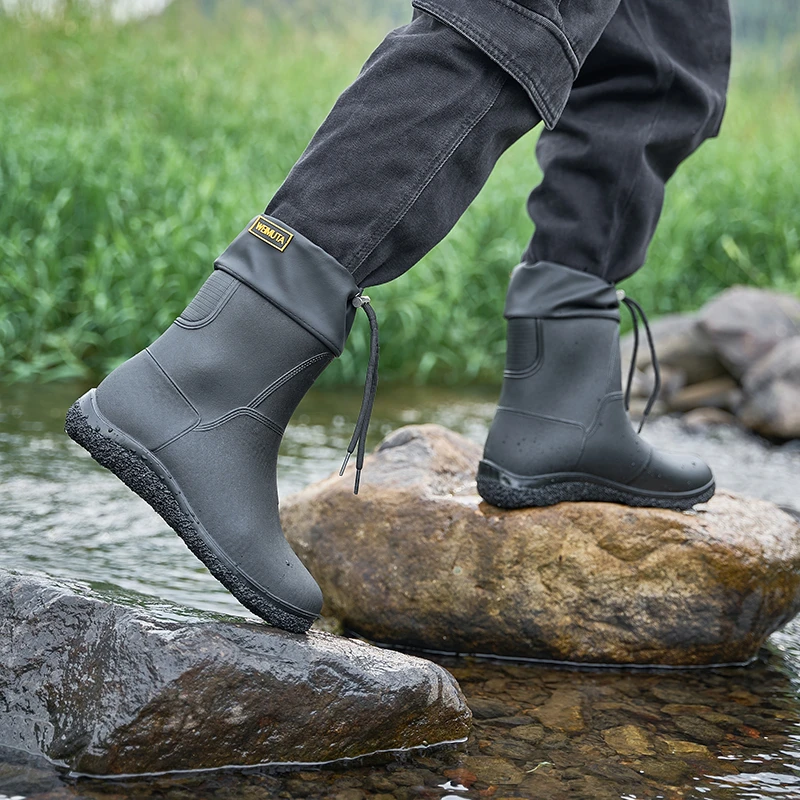 休闲雨鞋男新款束口防雨防水鞋短中筒防滑雨靴加绒棉水靴工作胶鞋