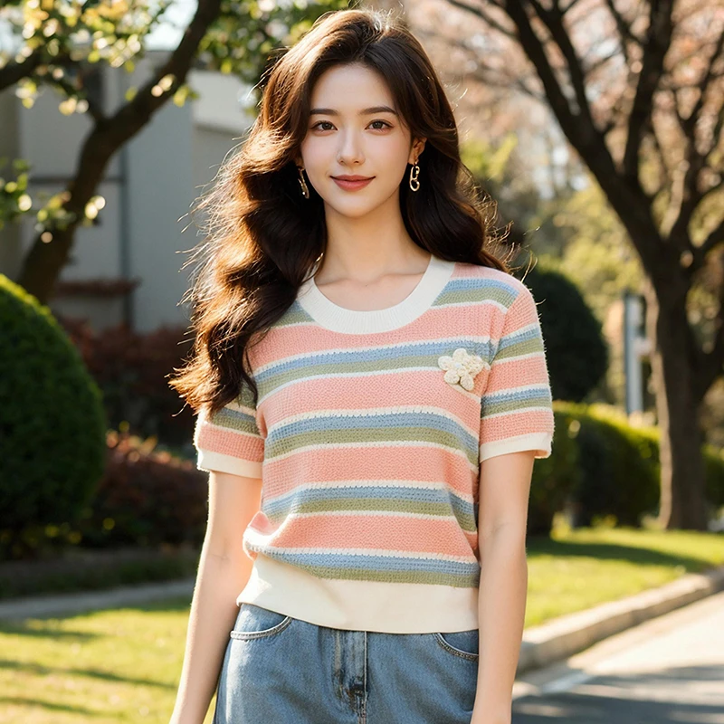 奢姿大码女装2025夏季时尚撞色短袖针织衫气质圆领立体装饰上衣