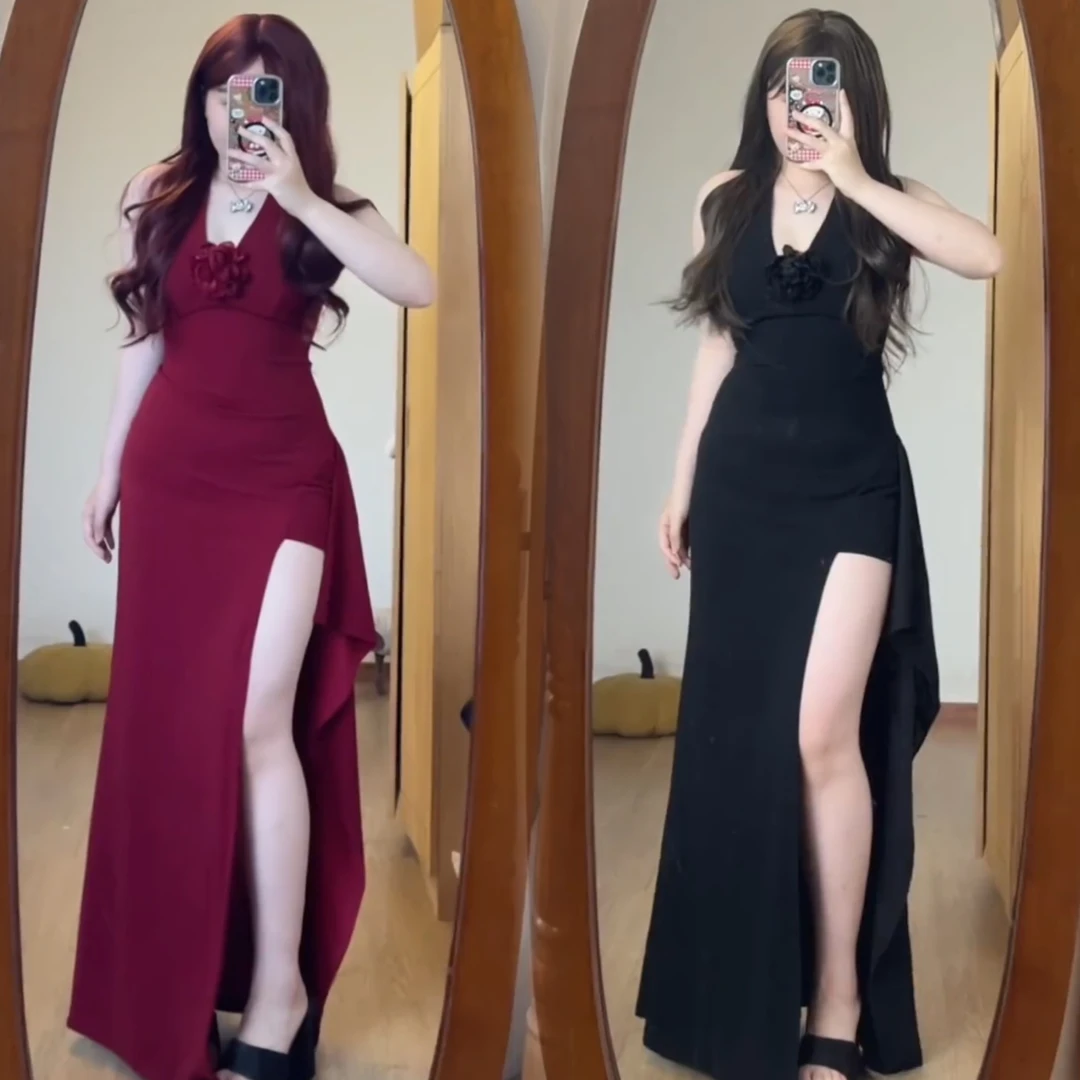 【运补6-8】大码夏季新款高级感气场V领性感开叉包臀长裙礼服9320