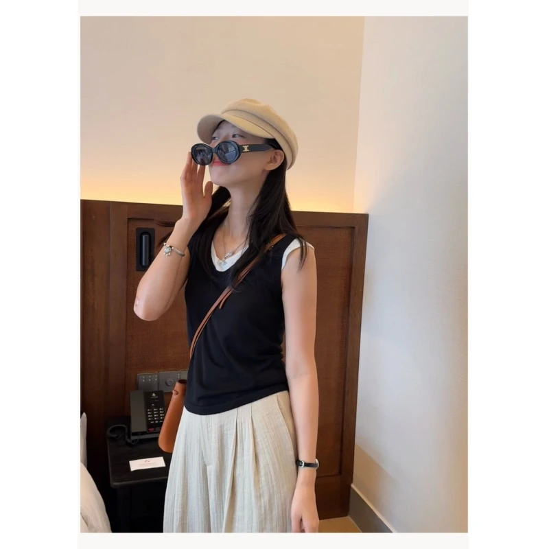 红红【叠叠马甲】夏季拼色圆领假两件无袖针织马甲上衣 24123