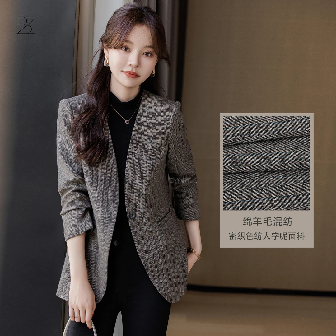 『极简主义』高级感呢子小西装外套女春秋时尚气质休闲无领宽松西服
