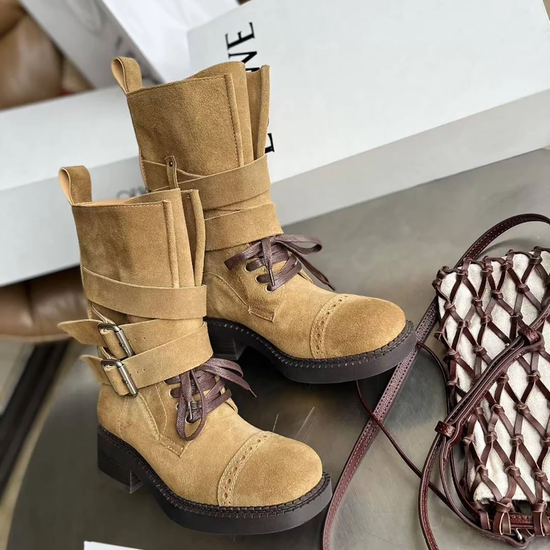 2025夏季新款女士休闲百搭真皮马丁靴厚底增高时装靴中筒外穿女鞋