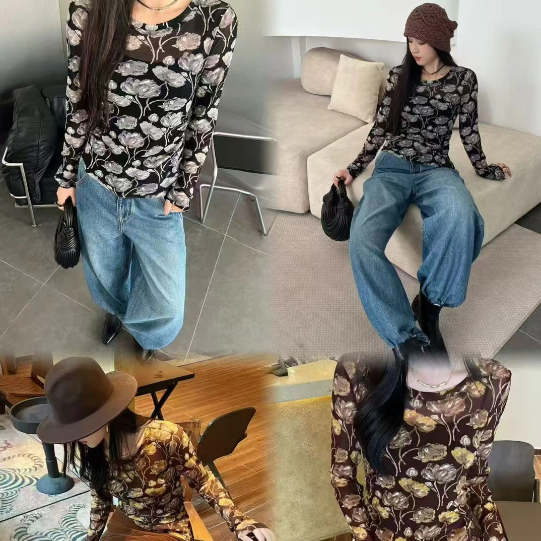 【BAI】早秋复古印花百搭长袖T恤显瘦小衫上衣女93197