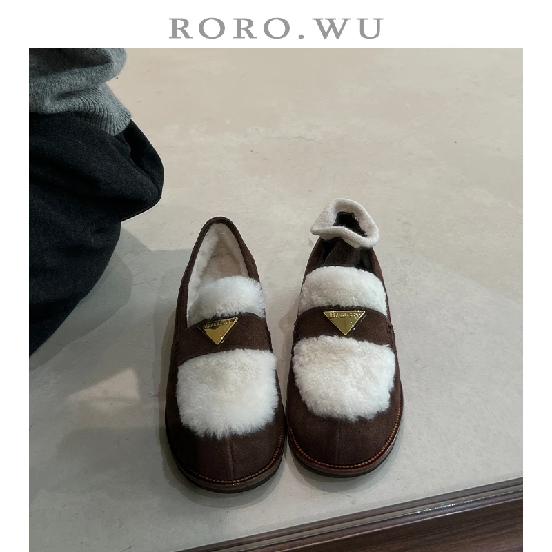 娆娆吴·羊皮复古加绒保暖圆头一脚蹬单鞋冬季新款粗跟乐福鞋女K07