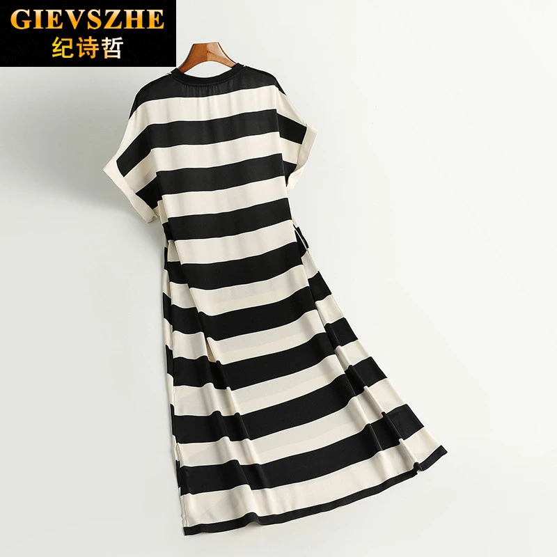 纪诗哲新款黑白条纹连衣裙女宽松显瘦遮肚中年妈妈婆婆装长裙大码