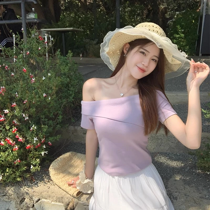 紫色一字肩短袖上衣女2025夏季新款性感气质穿搭纯欲辣妹修身T恤