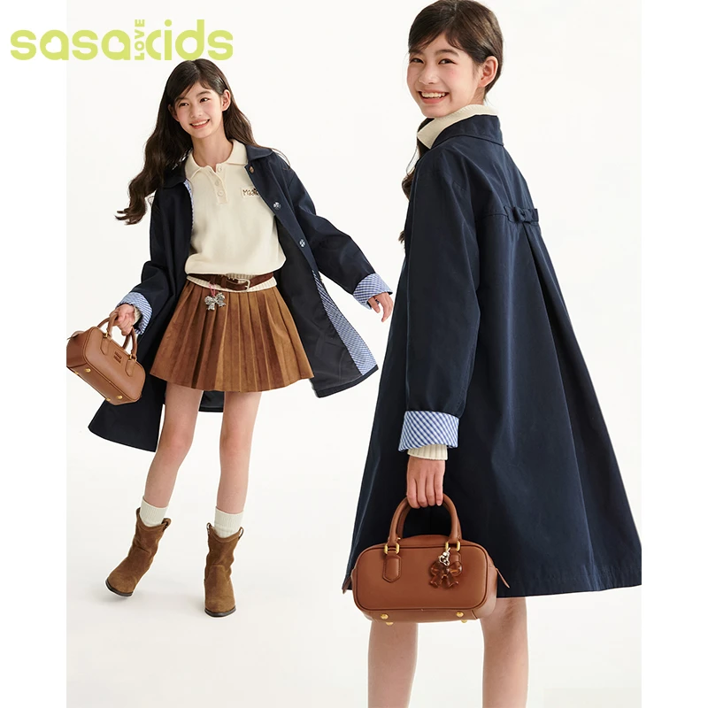 sasakids复古高智感甜美娃娃领藏蓝色蝴蝶结可翻袖口中长款风衣