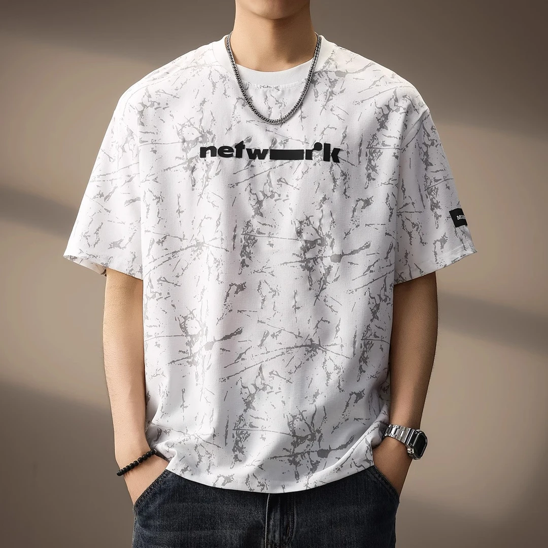 Cebrodz夏季冰丝薄款扎染短袖男高端潮牌宽松简约字母印花休闲T恤