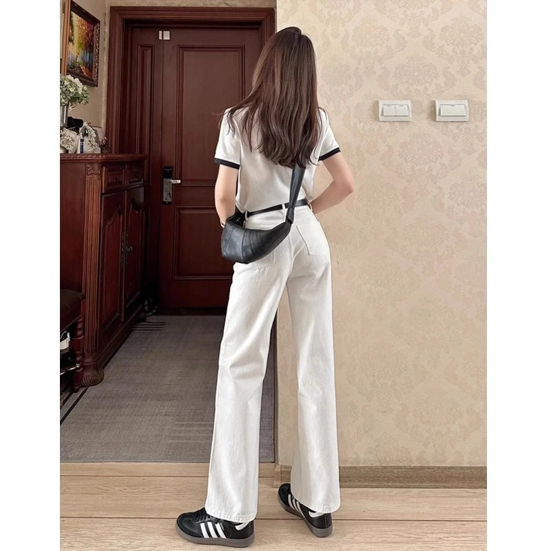 雪千羽白色小个子阔腿牛仔裤女2025春高腰宽松垂感窄版直筒拖地裤