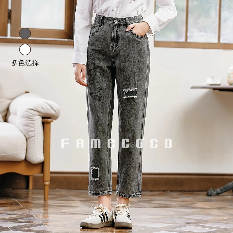 Famecoco范可儿兔子印花高腰牛仔裤时尚贴布显瘦直筒裤F225GA013