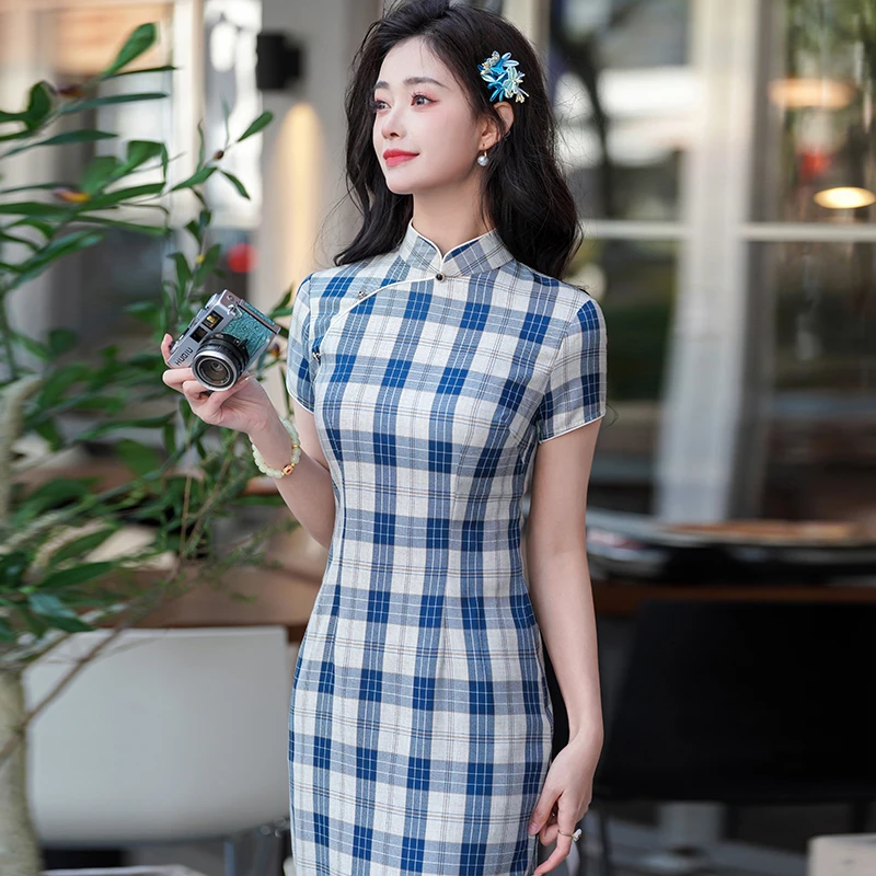 新中式旗袍2025夏季老上海日常可穿气质素雅国风礼服蓝色格子裙子