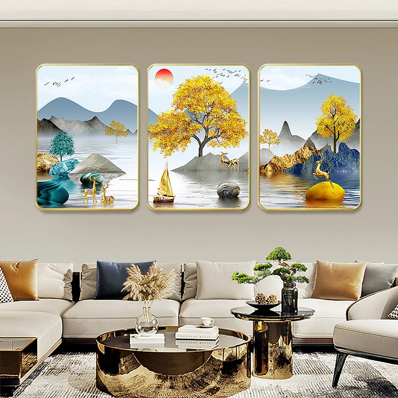 R12【发财有鹿】高级感客厅三联装饰画现代简约沙发背景墙挂画