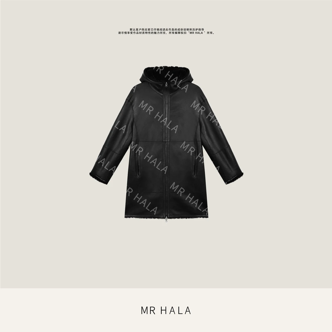 MRHALA咏贤阔型暖心进口羊皮真皮毛一体两穿式连帽长外套DW411187
