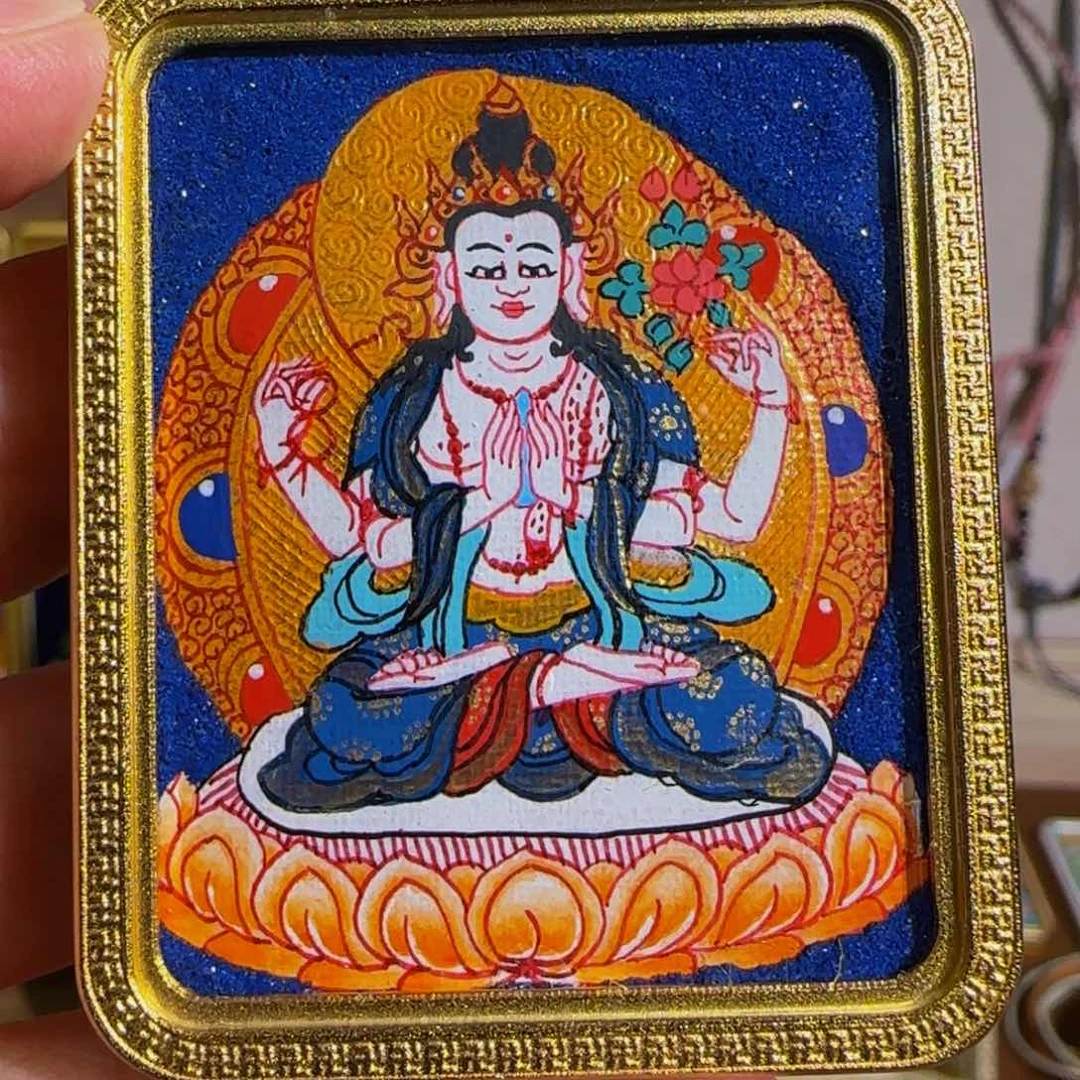 吊坠玲纯手绘唐卡四臂观音