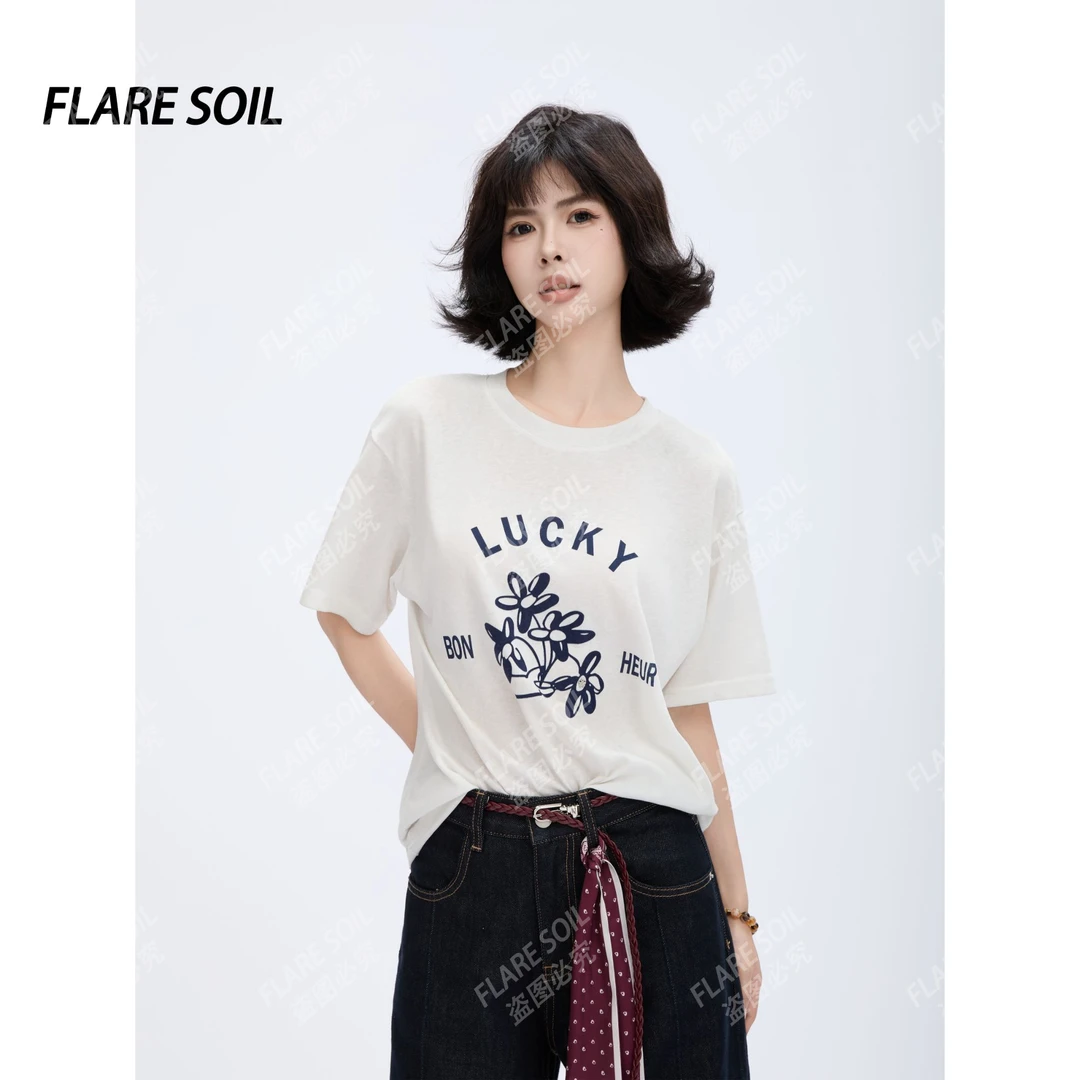 【FLARE SOIL】印花圆领短袖T恤女生常规款套头时尚常规休闲T4326A