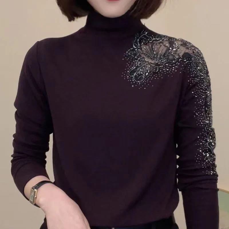 季新款烫钻镂空时尚百搭长袖女士上衣简约修身小衫显瘦洋气上衣