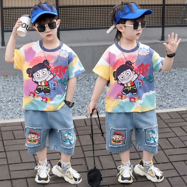 2025夏季新款儿童爆款哪吒两件套男童七分裤牛仔裤短袖套装