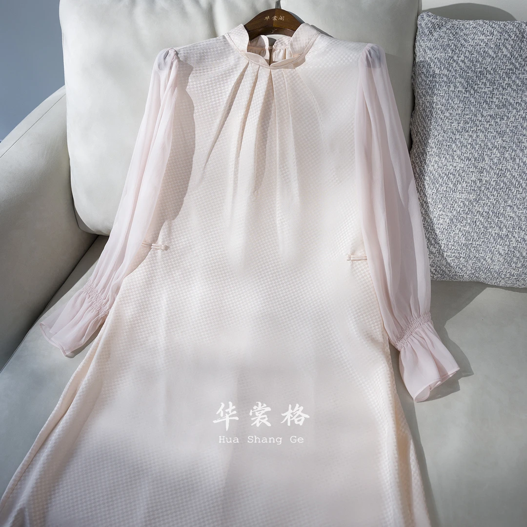 华裳格【扶摇】新中式可水洗杭罗粉色立领显瘦花线春连衣裙HS1556