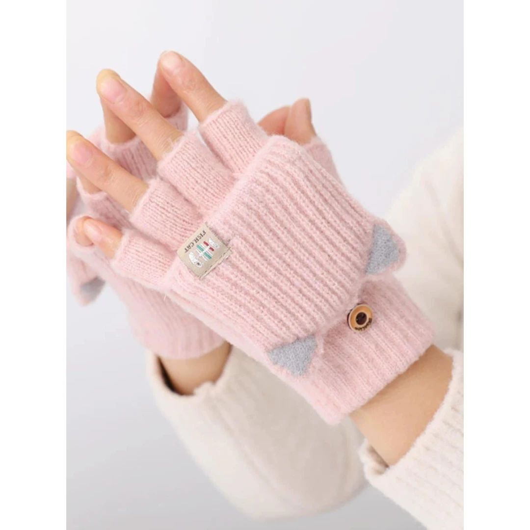 8-15岁翻盖半指女毛线秋冬保暖可爱少年男加厚学生儿童写字手套