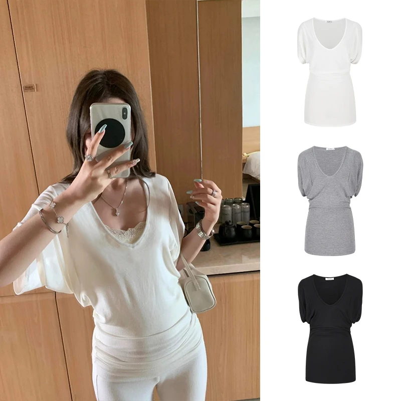 Moses Queen/魔西女王辣妹宽松大V领蝙蝠袖短袖显瘦纯色百搭上衣