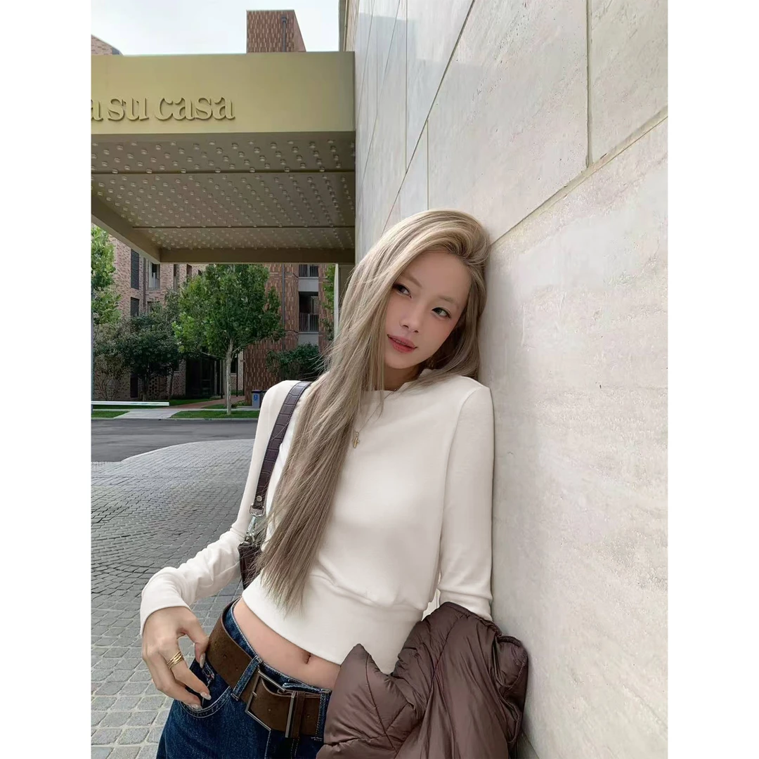 【魔法身材】辣妹短款圆领正肩长袖打底衫t恤收腰显瘦时尚上衣