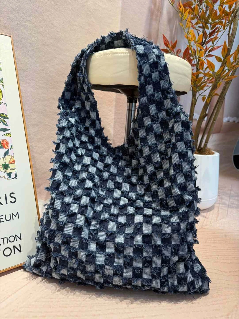 托特包竖式牛仔做旧辣妹风时尚潮流单肩包百搭小众简约格子韩版