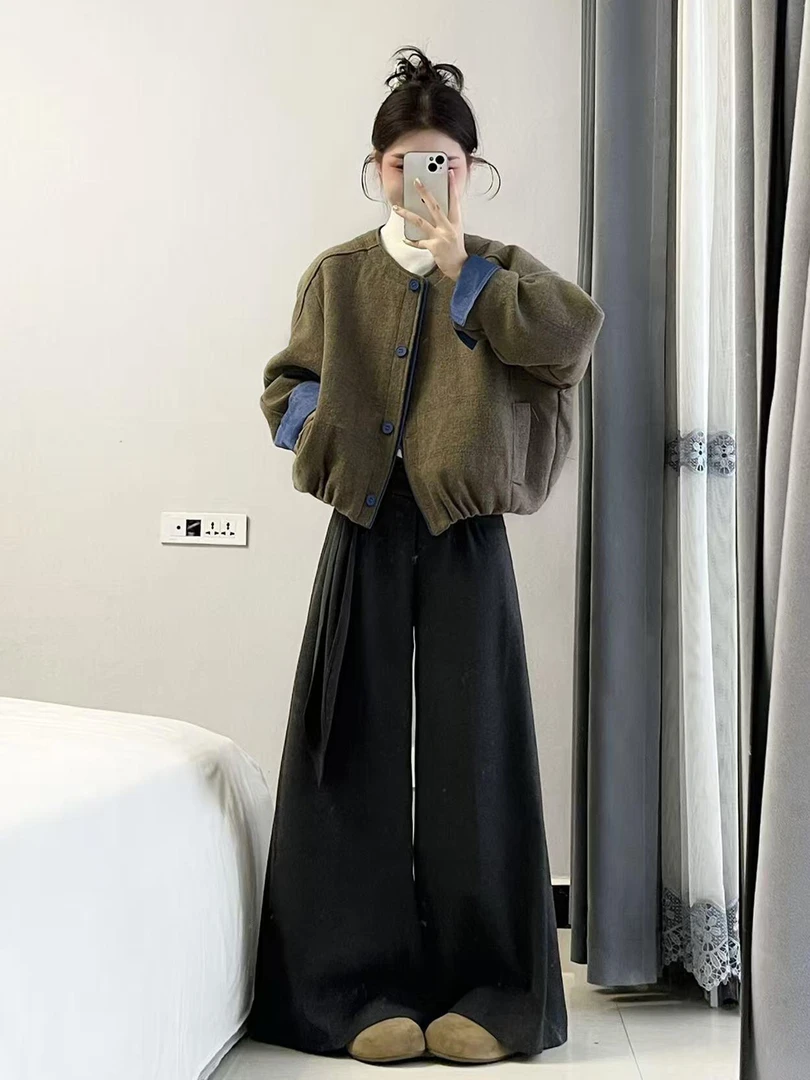 韩系松弛感慵懒风穿搭一整套早秋新款拼色短外套上衣阔腿裤两件套