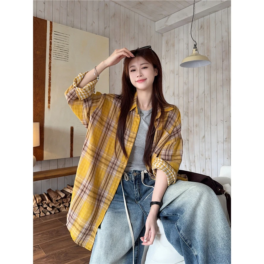 早秋新款双面韩系氛围感撞色格子休闲复古宽松显瘦衬衫气质时尚