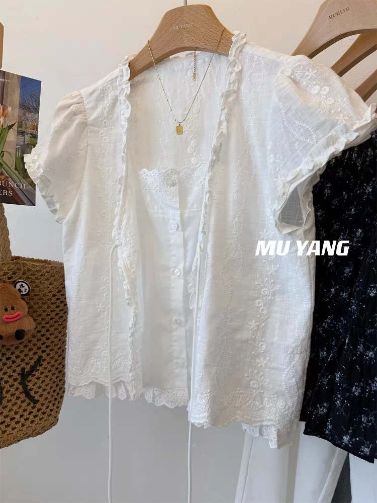 夏季小众设计开襟绑带假两件刺绣花边木耳衬衫显瘦衬衣