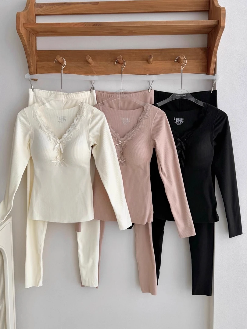 秋冬羊绒深V蕾丝蝴蝶带胸垫加绒加厚秋衣裤修身打底保暖衣套装女