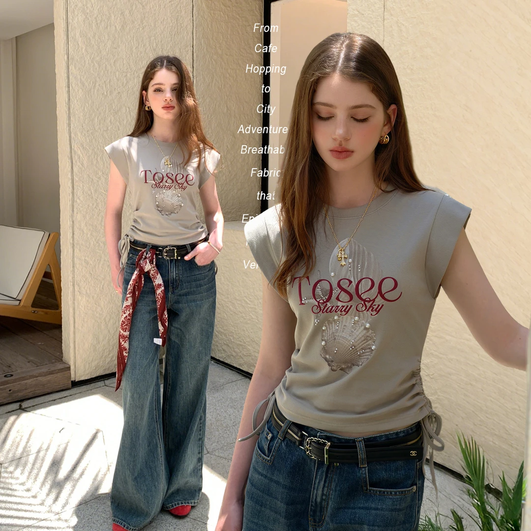 TOSEE 贝壳印花珍珠圆领T恤夏新款抽褶显瘦小飞袖背心TO252SZ0158