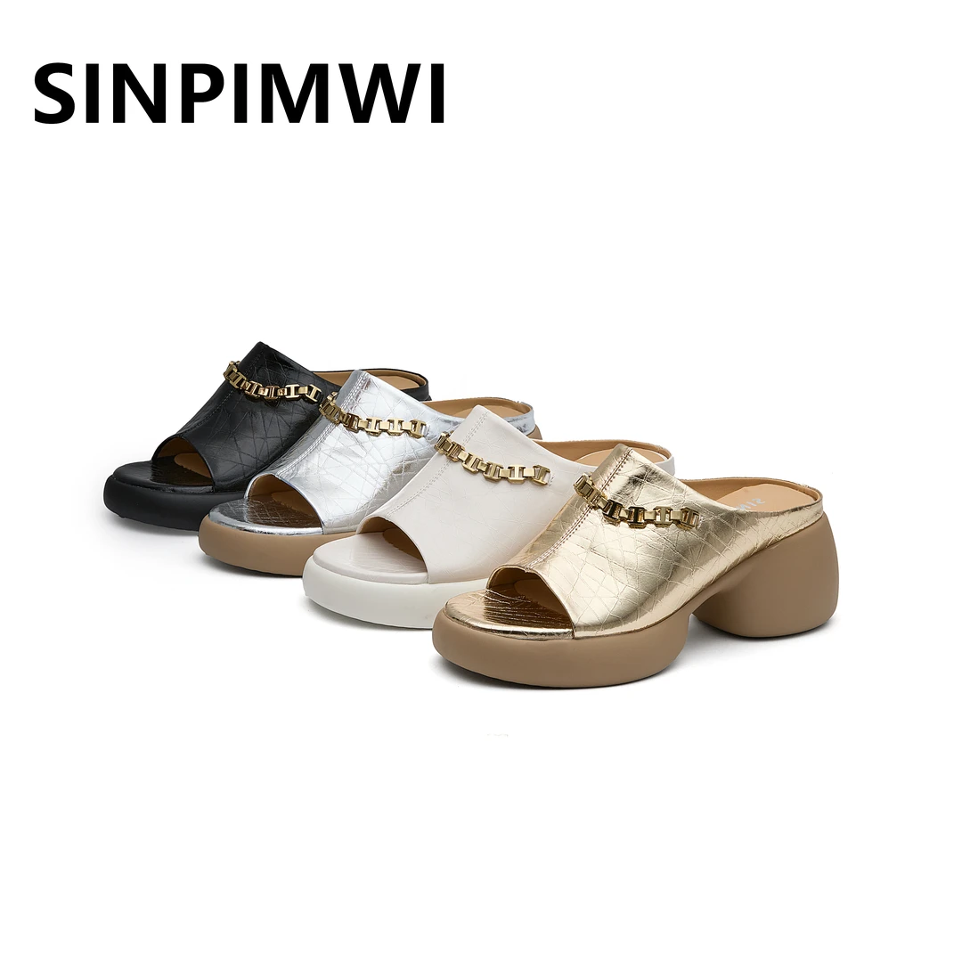 【怡亿手工】6CM新款拖鞋女粗跟百搭时尚链条气质中跟凉拖2231厚底