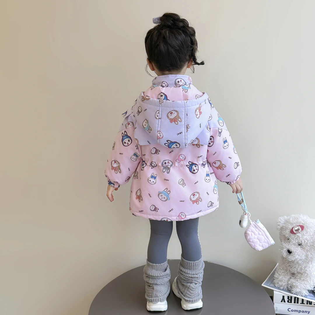 女童秋冬拉布布夹棉冲锋衣儿童卡通连帽加厚外套女宝宝中长款上衣