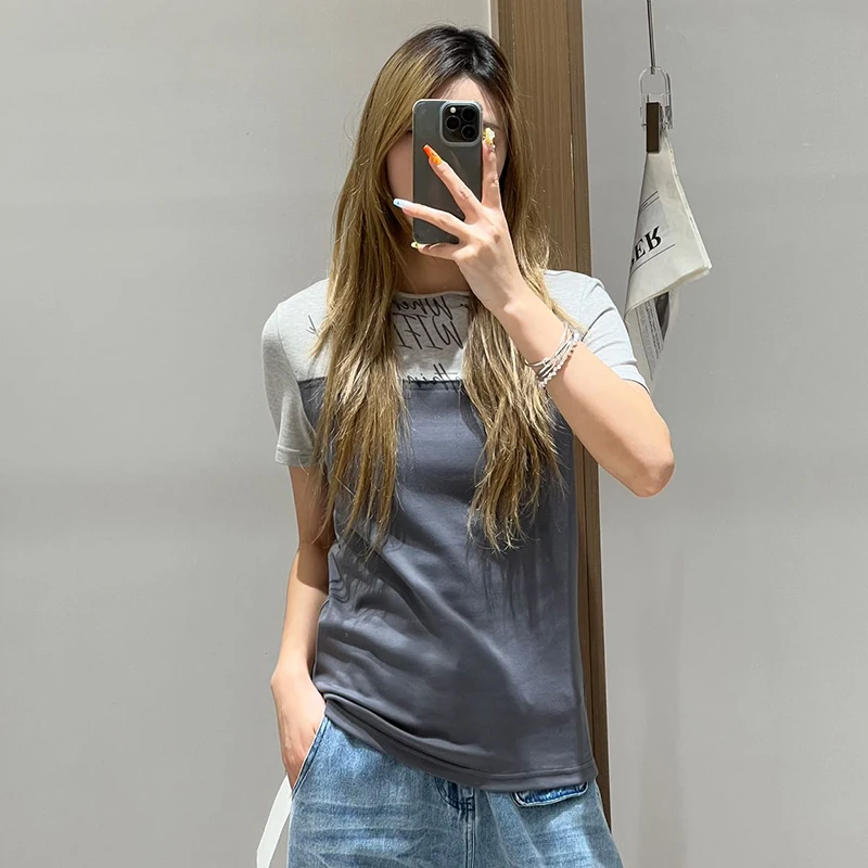 AndAnything 设计师品牌 25夏季新款一字领双拼印花短袖修身T恤