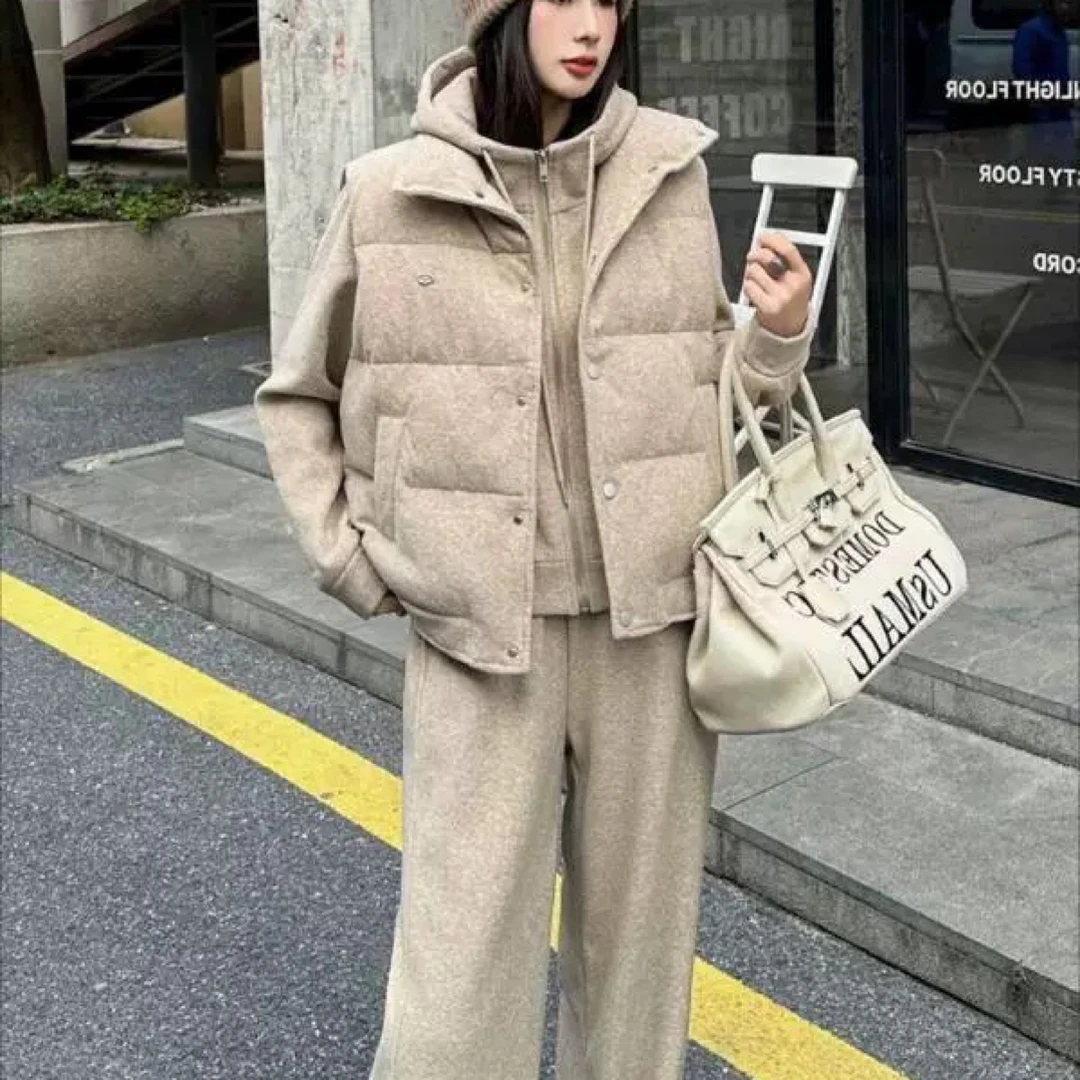 lemon@1101 韩系简约休闲连帽卫衣+马甲+阔腿裤三件套