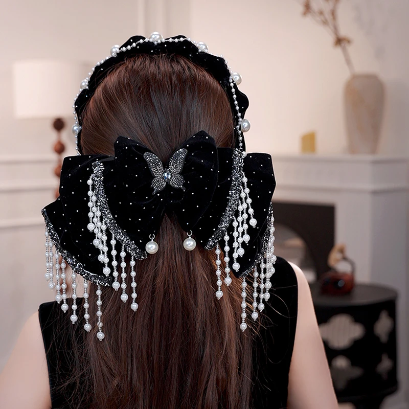 罗曼蒂克弹簧夹丝绒蝴蝶流苏秋季新款弹簧一字夹优雅温婉重工发饰