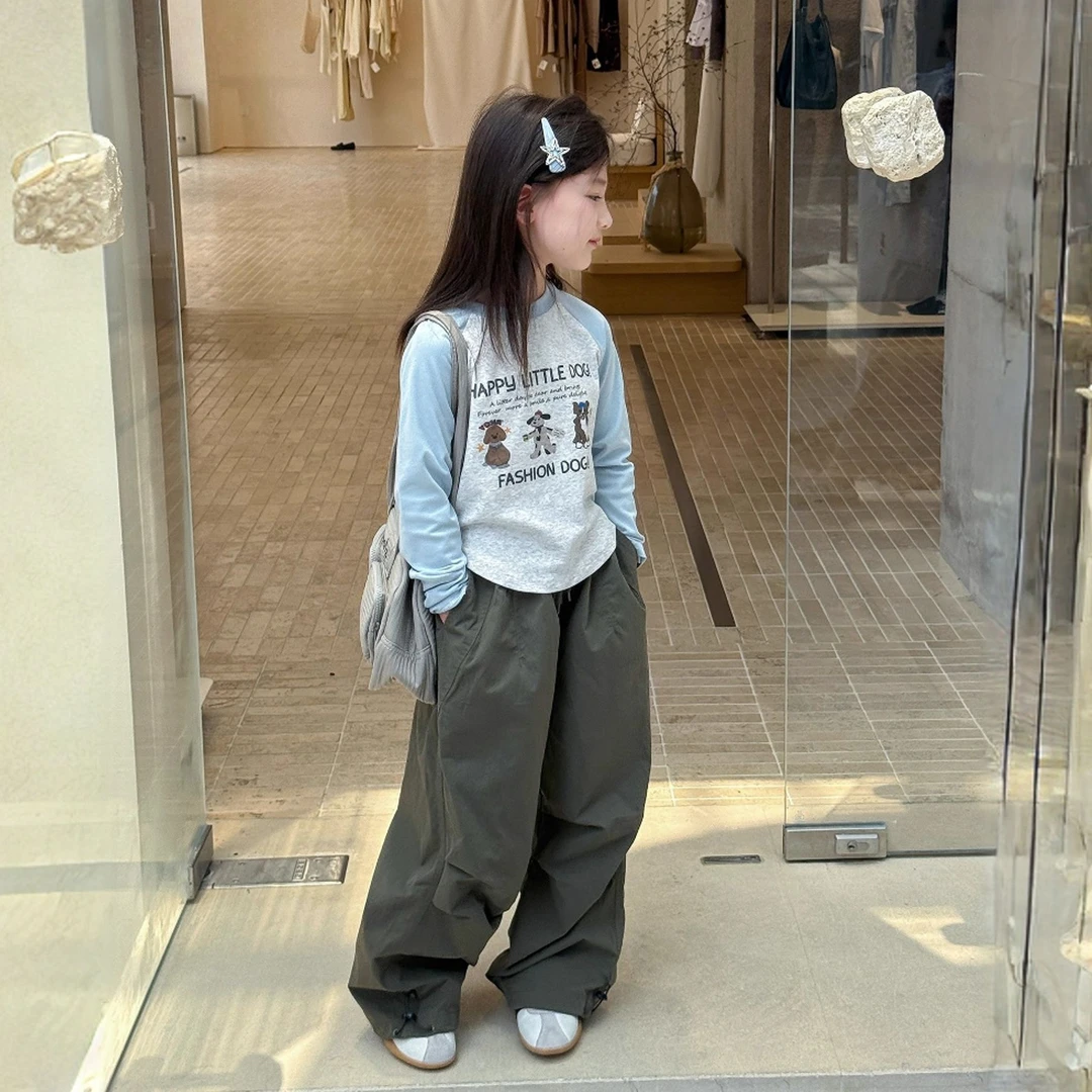 女宝宝早秋季开学新款卡通印花插肩袖上衣休闲工装裤韩版女童套装