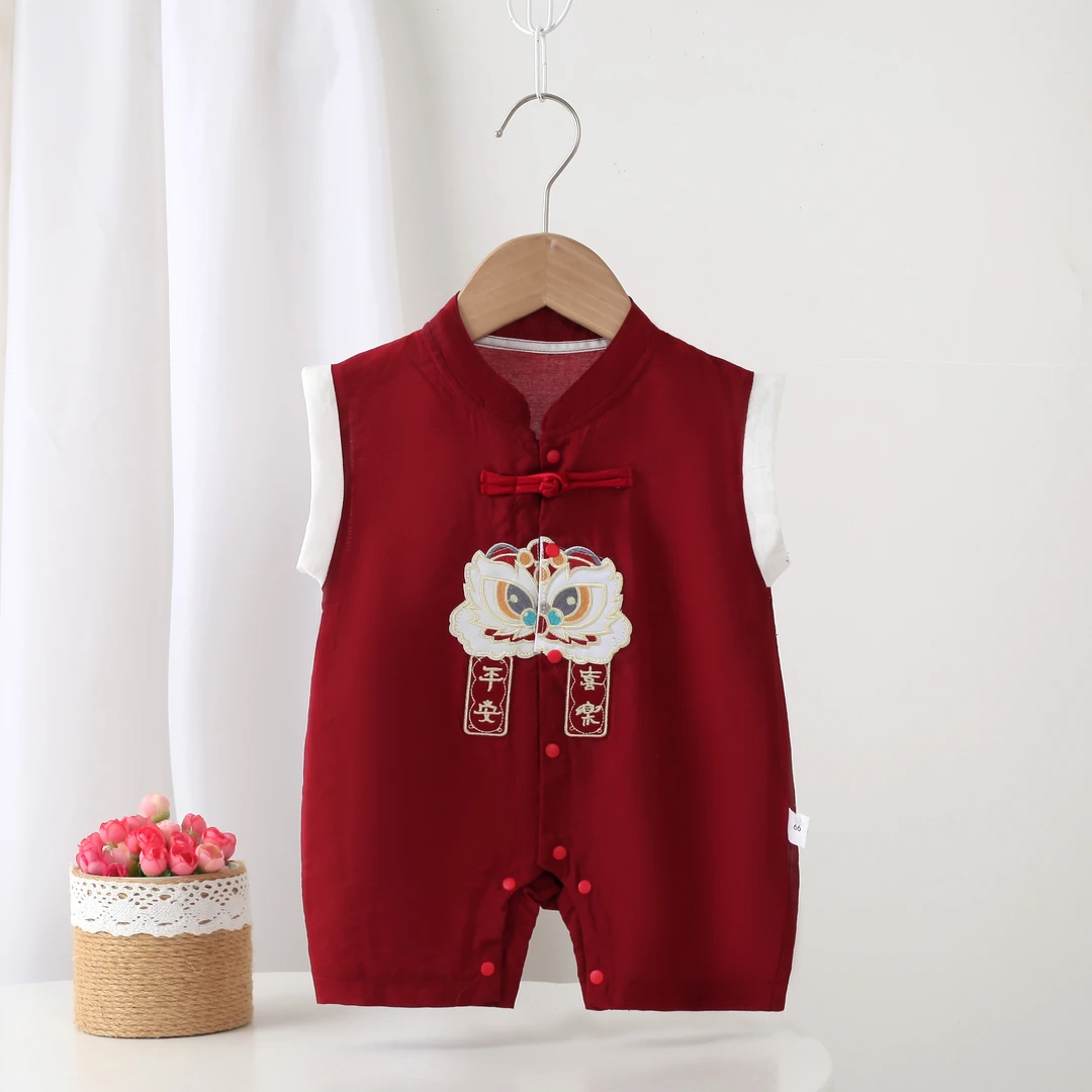周岁婴儿礼服夏季薄款短袖宝宝抓周红色连体衣满月百天中式衣服