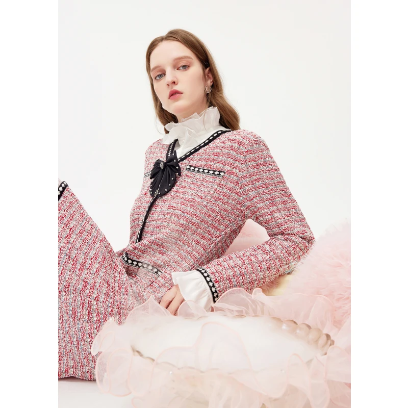 missCOCOON钻饰蝴蝶结黑色花朵扣长裙春新撞色小香风连衣裙