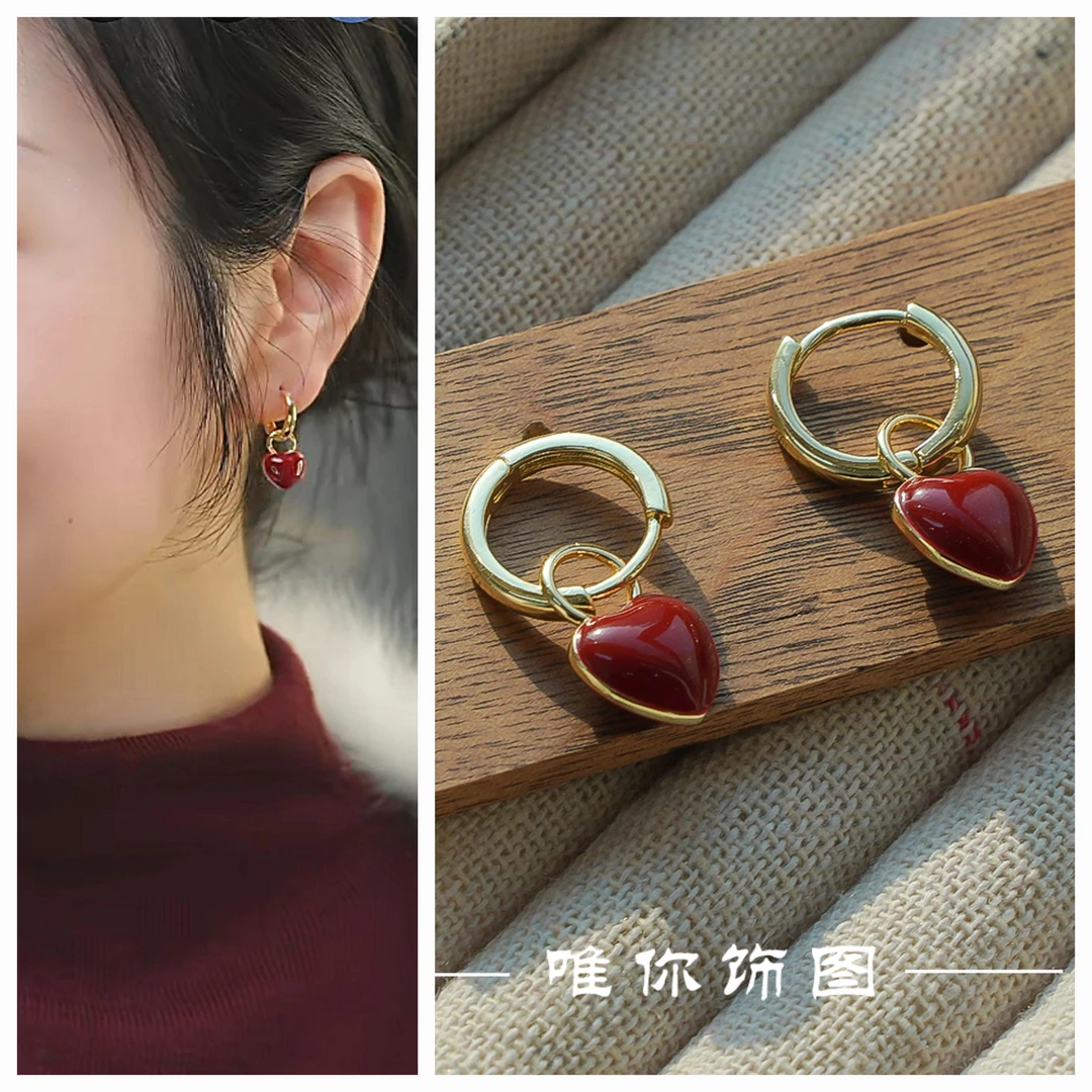 铜合金耳饰 安哥拉红色爱心通勤小耳环小众百搭 e0226
