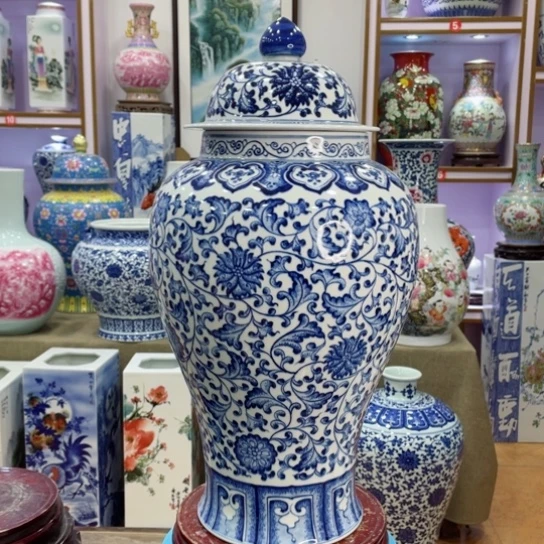 全手工釉下彩葫芦瓶全手工釉下青花将军罐高59公分