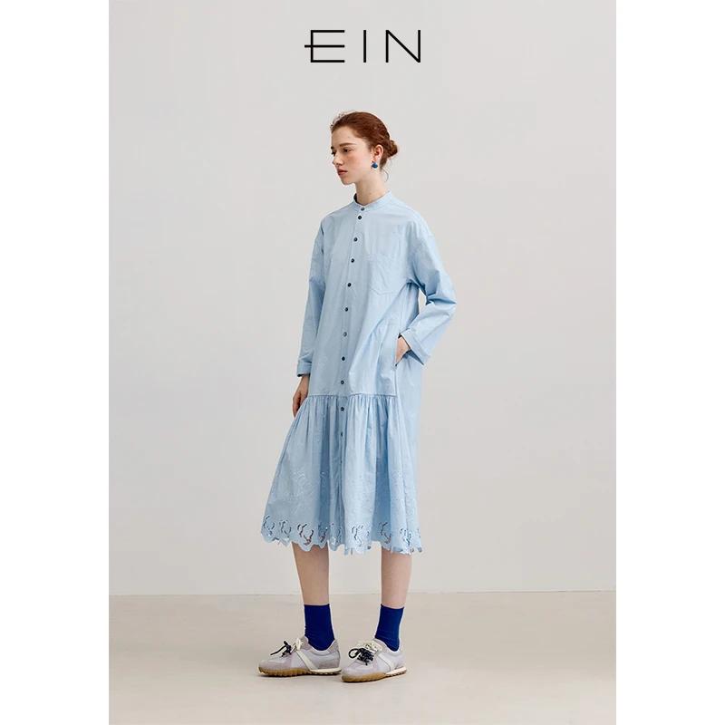 EIN/言清新浪漫雕孔绣花碎褶长袖纯棉衬衫式连衣裙2025早春新款