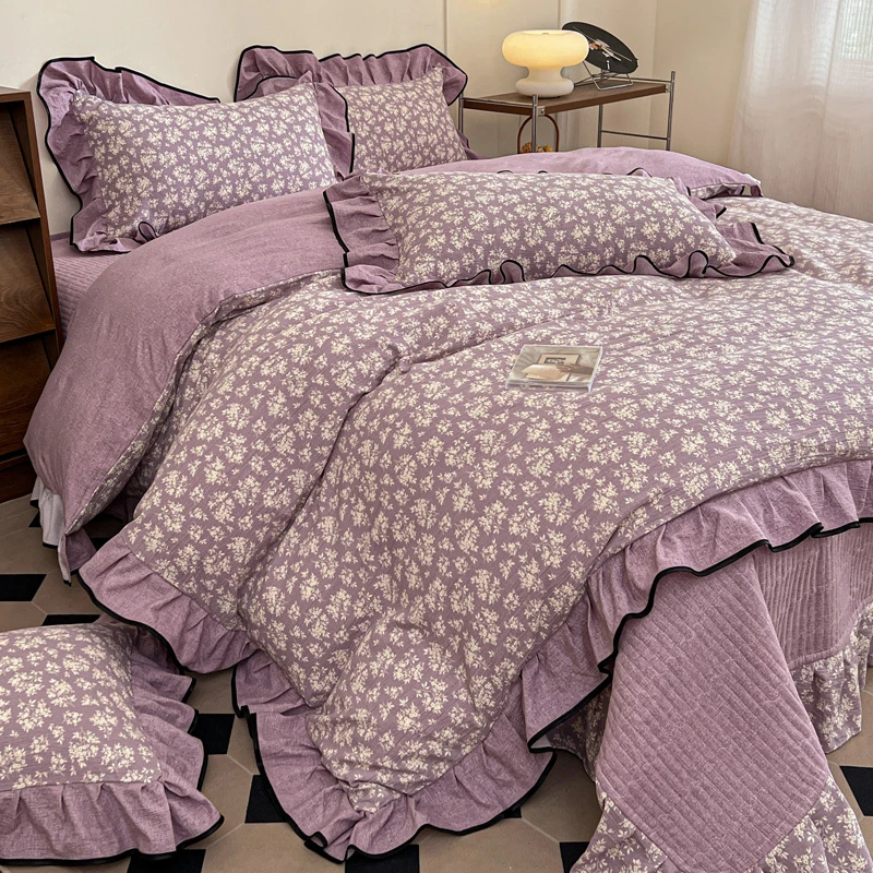 法式秋冬新款亚麻皱皱纱床盖四件套花边碎花被套夹棉防滑加厚床单