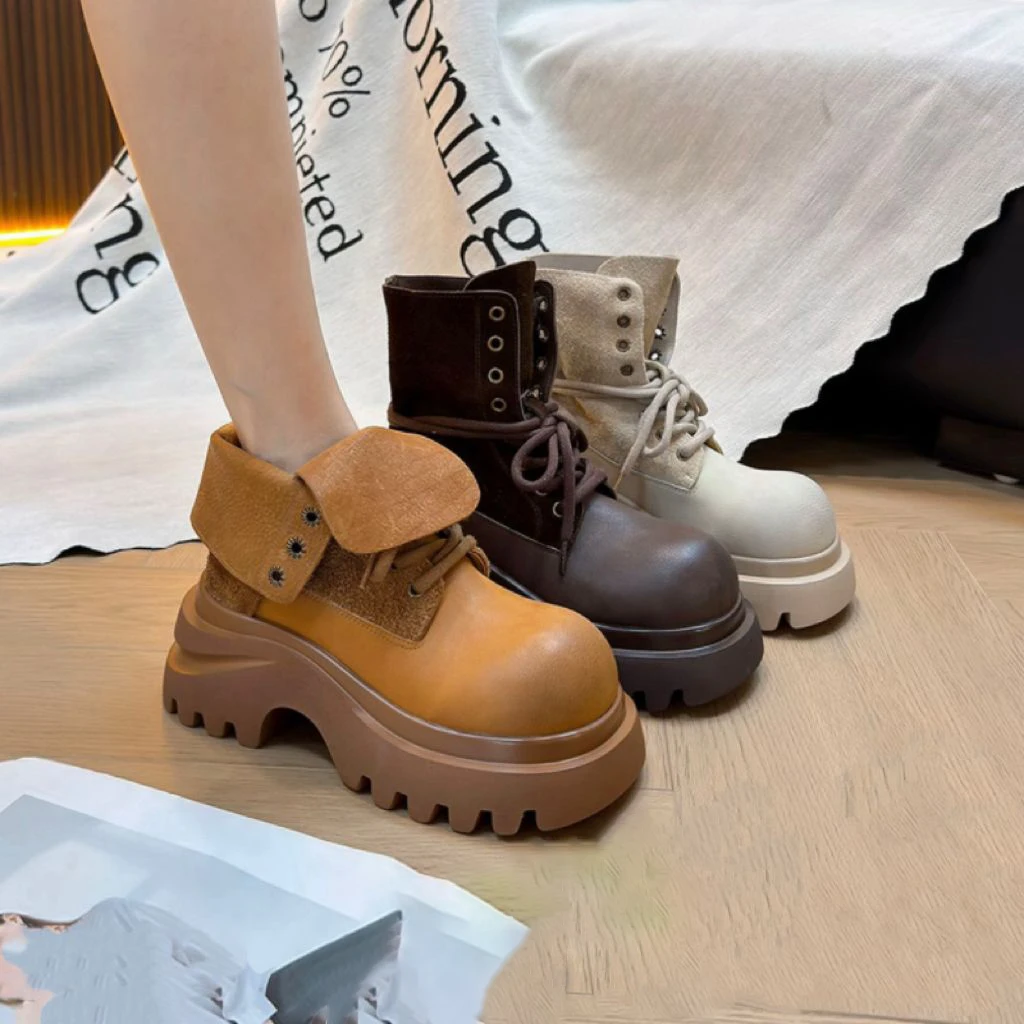 2025早秋系带英伦风厚底增高翻领百搭爆款两穿复古马丁靴短靴女靴